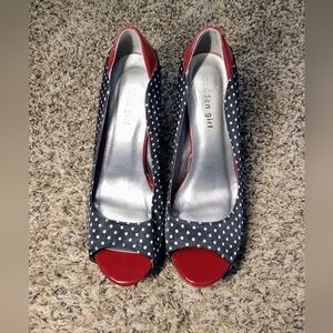 Madden Girl Red and Black Polka Dot Peep Toe Heels